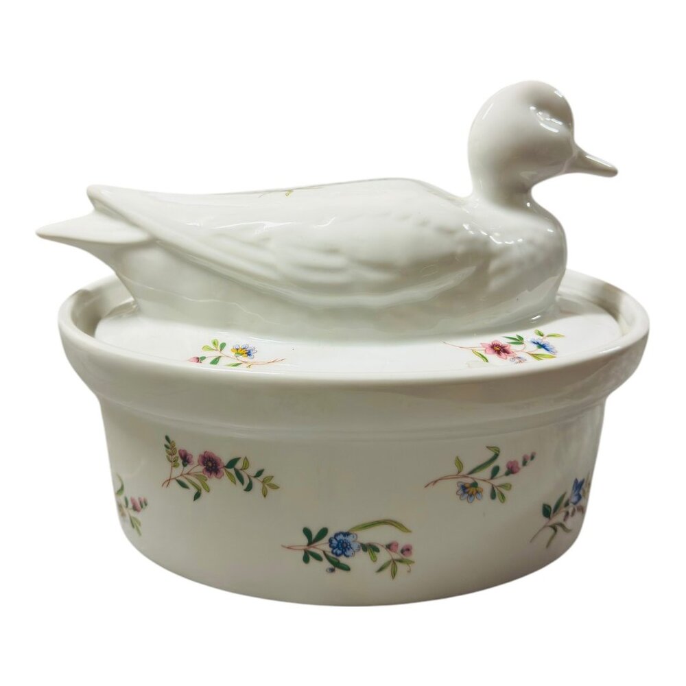 Vintage BIA Cordon Bleu Ceramic Duck Tureen With Lid Floral Design 6" Tall 10" L
